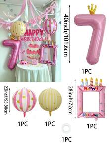 Pink Crown Number Balloon Set, 40 Inch 1-9 Pink Crown Number Balloons, 28 Inch Pink Birthday Photo Frame Balloon, 22 Inch Pink & Yellow 4D Foil Balloons, With Macaron Color Tassel Garland, Birthday, Wedding, Bachelorette Party Decoration Props - Pink Crown Number Balloon Set - View 15