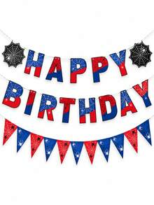 1 Set Spider Web Hero Happy Birthday Banner, Red & Blue Spider Web Print Letter Flags With Spider Web Hollow Cutout Paper And Triangle Bunting, Insect Web Superhero Theme Birthday Party Supplies, Indoor Window Photo Booth Backdrop Decoration - View 9