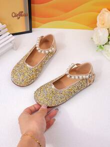 Children's Daily Wear Faux Pearl Decorated Fashion Casual Flat Shoes - Gold - View 4
