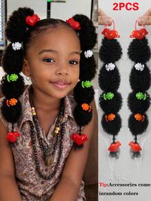 2pcs Kids Ponytail Hair Extensions, Cute Compact Mary Bubble Style Fluffy African Braided Ponytail, Comes With Colorful Hair Accessories (Random Color) - Natural Black - View 10