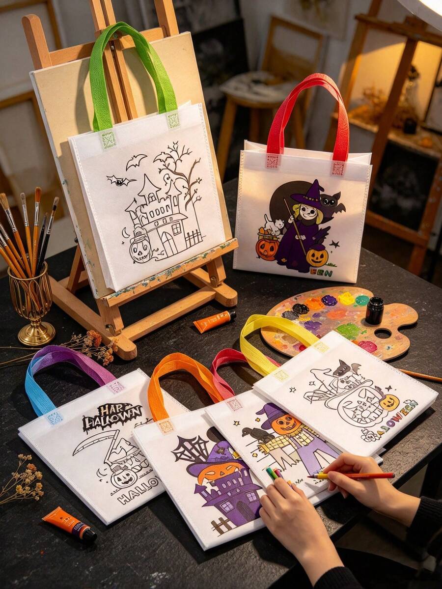 12/6/1pc Halloween DIY Gift Bags, Doodle Tote Bags, DIY Line Drawing Gift Bags With Colorful Handles, Atmosphere Decor, Photo Props, Suitable For Party Gift Packaging, Packaging Bags, Table Centerpiece Decoration, Gift Bags Included - Multicolor - View 1