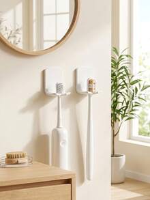2/1pc Space-Saving Wall-Mounted Toothbrush Holder - No Drilling Required, Minimalist Style, Multi-Functional Bathroom Storage Rack, Suitable For Toothbrushes And Other Items, Durable Plastic Material, Minimalist Toothbrush Holder No Drilling Electric Toothbrush Storage Rack, Wall-Mounted, Bathroom Toothbrush Storage Rack, Plastic Minimalist - Multicolor - View 5