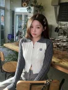 Cardigan Sweater Rajut Kabel Warna Blok dengan Resleting, Emblem Bordir, Kerah dan Lengan Kontras, Lengan Panjang, Abu-abu dan Krem, Kasual Musim Gugur/Musim Dingin - Grey - View 3