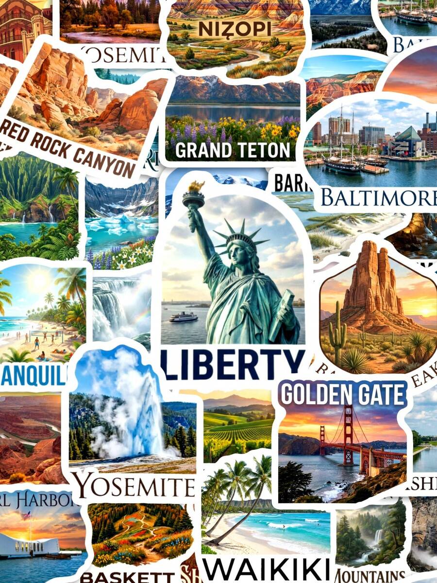 50Pcs Famous US Landmarks Journal Stickers, City Landmark Travel Theme Design, Hand-Drawn Motifs Of Statue Of Liberty, National Park, Grand Canyon, Golden Gate Bridge, For Bike, Books, Journal, Desktop Organizer, Document Box Decor - Multicolor - View 1