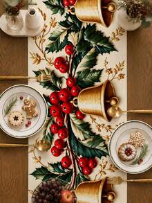 1pc Christmas Style Poinsettia Printed Table Runner, Kitchen Decor, Christmas Home Decor, Christmas Decorations For Home, Microwave Dust Cover, Kitchen Decorative Tablecloth, Home Decor Table Runner, Party, Holiday Decorative Tablecloth, Fireplace Runner, Room Decor Bed Runner - Multicolor - View 3