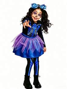 2pcs/Set Cute Skeleton Long Sleeve Jumpsuit & Skirt Set For Young Girl, Halloween Costume, Cosplay Outfit, Role Play - Multicolor - View 6