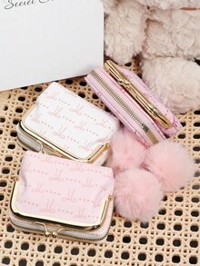Fashionable Women's Pink Bow‑Print Kiss‑Lock Coin Purse, Fluffy Pom‑Pom Charm, Zipper Compartment, Suitable For Commuting And Shopping - Hot Pink - View 4