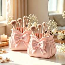 3D Printed Pink Bow Makeup Brush Holder, Cosmetic Beauty Product Storage Box, Multi-Functional Desktop Pen Holder, Makeup Bag Shaped Beauty Display Rack, Vanity Makeup Tool Organizer, Bathroom Skincare Organizer, Ins Style Desktop Decor, Girly Style Beauty Storage Container, Home Decor - Pink - View 9