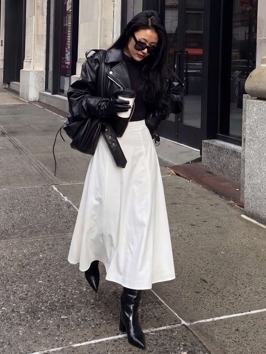 Pure White High Waist Patchwork Stitching Flare Mid-Length A-Line Skirt, Casual Elegant Flowy Long Skirt - White - View 1