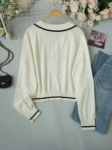 Women's Autumn/Winter Korean Style Hollow-Out Contrast Color Ribbed Knit Cardigan With Turn-Down Collar And Single-Breasted Buttons, Slim Fit Top, Suitable For Casual Outings, Halloween Events And Shopping - Apricot - View 7