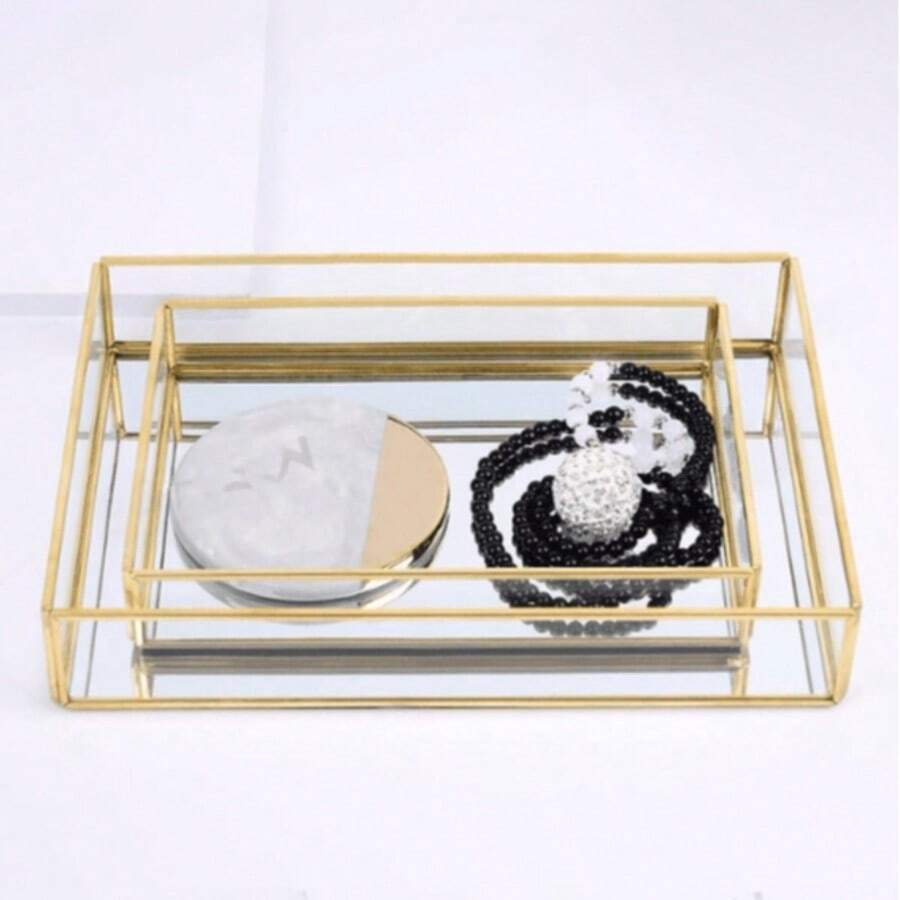 Acrylic Storage Tray With Gold Copper Rim, Jewelry Dish, Perfume Holder, Desktop Organizer For Cosmetics, Water Cup And Plate - Gold - View 1
