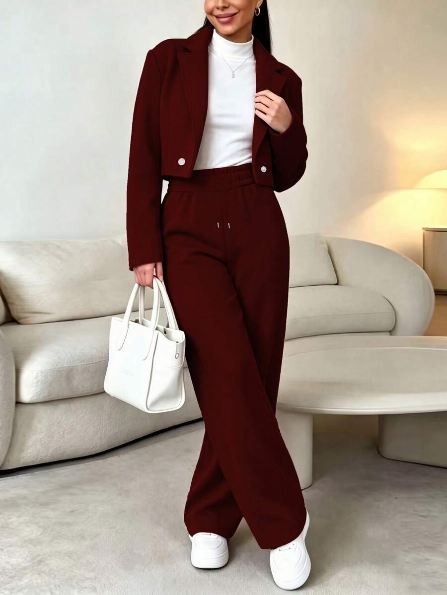 Women's Fashion Brown 2 Pieces Suit, Long Sleeve Cropped Blazer With Slightly Elastic High Waist Pants, Suitable For Formal Occasions And Autumn Wear - Burgundy - View 1