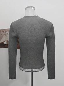 Korean Style Rhinestone & Beaded Design Knitted Sweater, Slim Fit, Long Sleeve Top For Women, Autumn - Grey - View 8