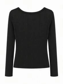 Women's Button Half Placket Versatile Long Sleeve T-Shirt For Vacation & Travel - Black - View 3