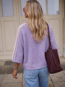 Women's Autumn Knit Sweater, Loose Round Neck 3/4 Sleeve Pullover, Contrast Striped Detail, Casual Fashion Style, Suitable For Daily Wear, Weekend, Travel - Purple - View 8