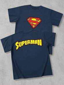 Strevion SUPERMAN 男士極簡風超人鑽石圖案與字母印花圓領短袖夏季T恤 - 藏蓝色 - 查看 1