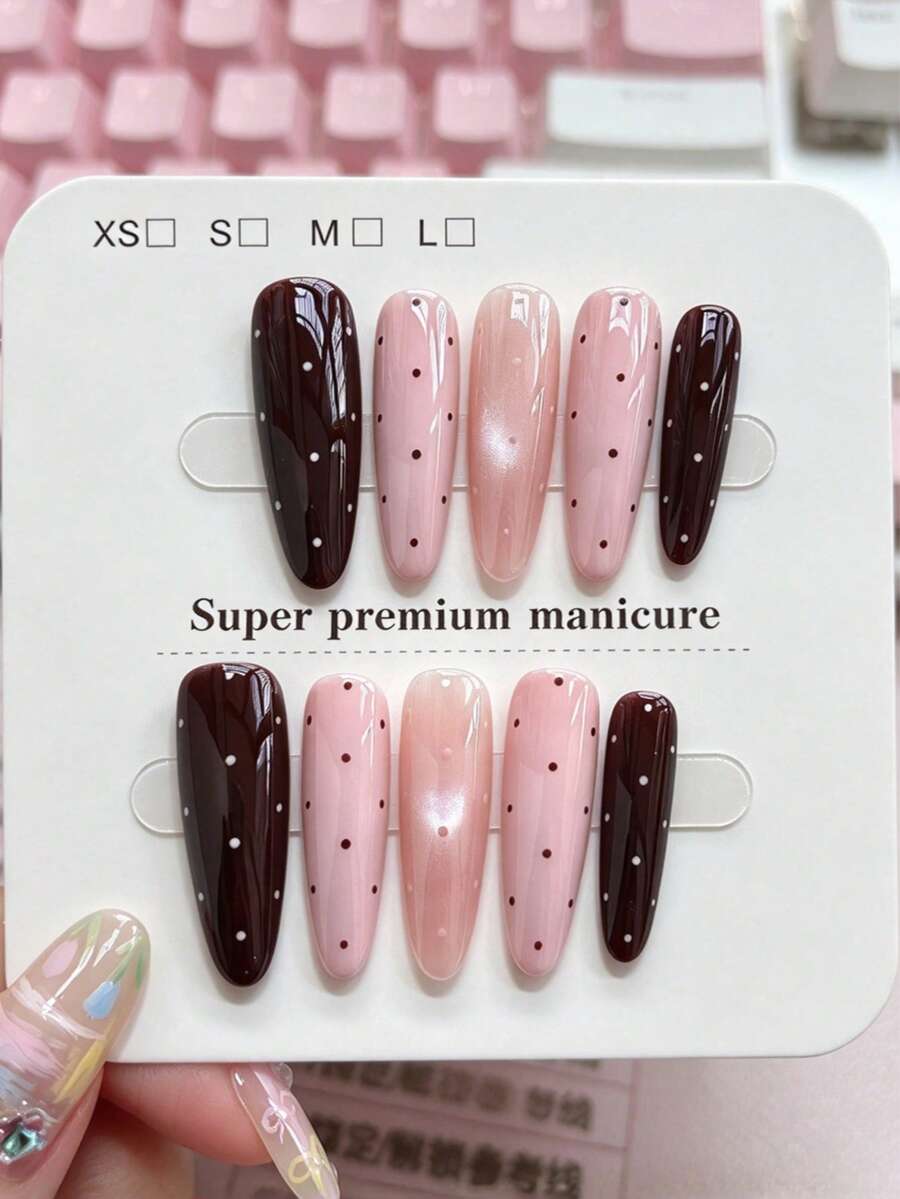 10pcs Pure Handmade Long Almond Press On Nails, Sweet Retro Style, Dark Brown‑Light Pink Solid Color With Polka Dot Design For Women And Girls Spring Summer Autumn Winter Festivals Party And Daily Life Use - Multicolor - View 1