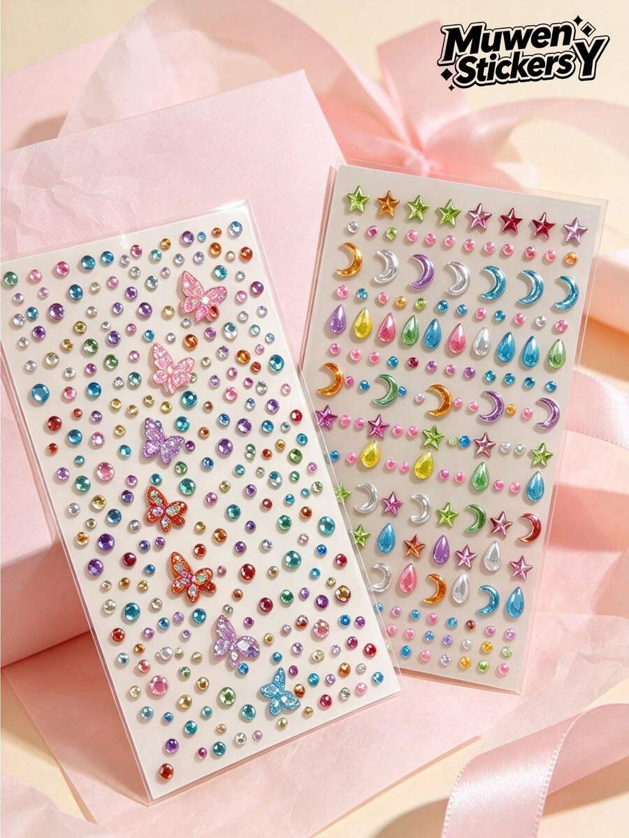 1pc Girl Style Creative 3D Acrylic Laser Decorative Sticker, Colorful Butterfly Star Crescent Moon Multi-Color Rhinestone Multi-Style Rhinestone Sticker, 3D Self-Adhesive Rhinestone Sticker With Tweezers, Suitable For Phone, Camera, Earphone, Gift Box, Greeting Card, Photo Album, Gift Decoration And More - one-size - View 1
