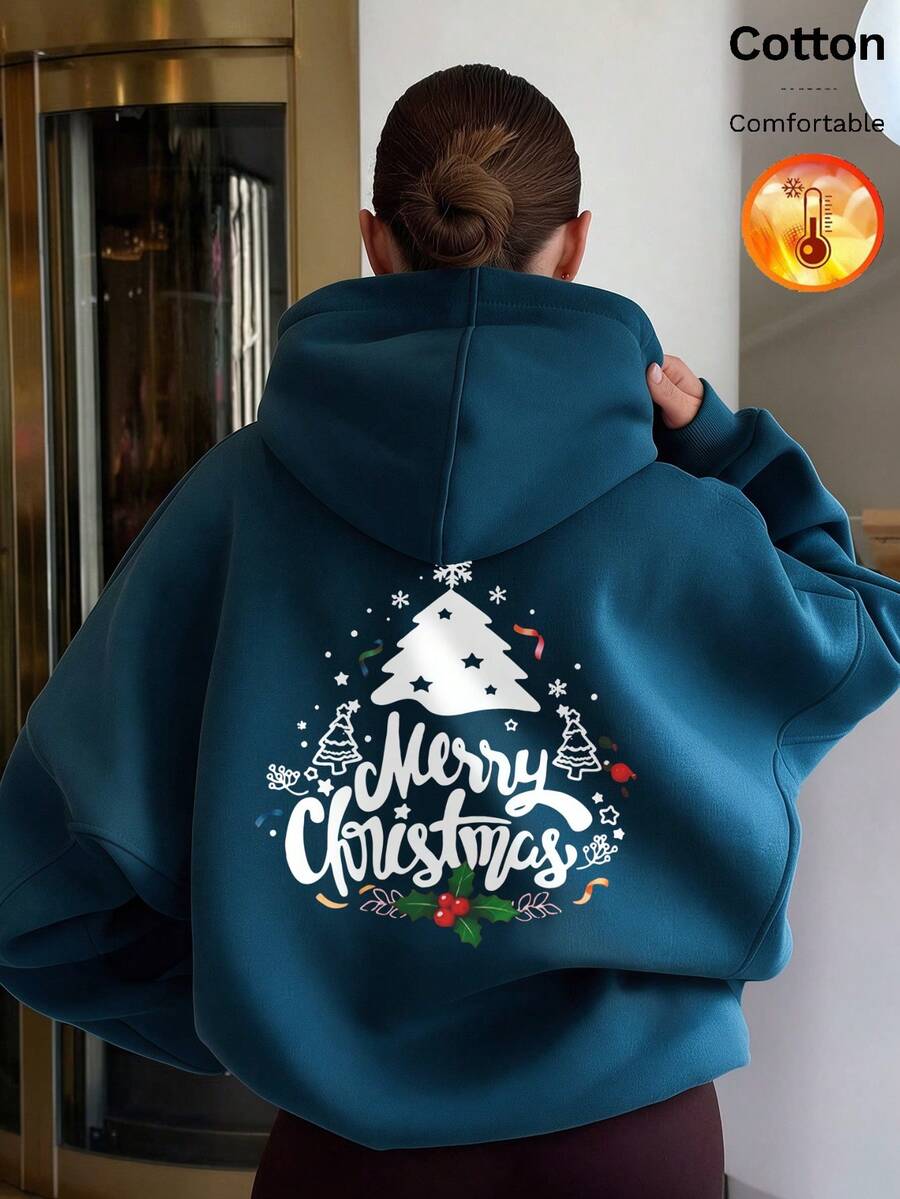 Autumn Winter Women's Fleece Hoodie With Christmas Tree And Merry Christmas Print Y2K - Cow Blue - View 1