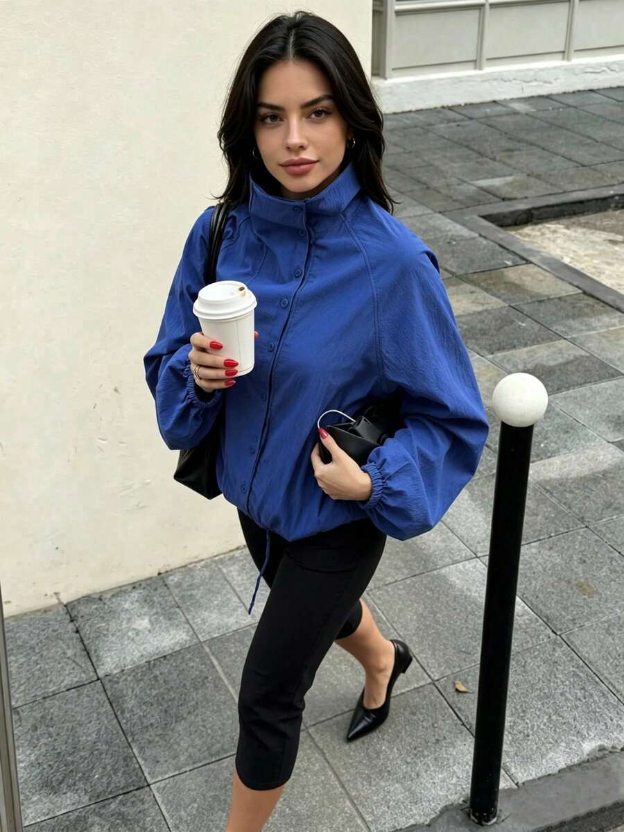 DEEKA Autumn New Women's European & American Style Fashion Minimalist Versatile Tech Fabric Button Jacket - Blue - View 1