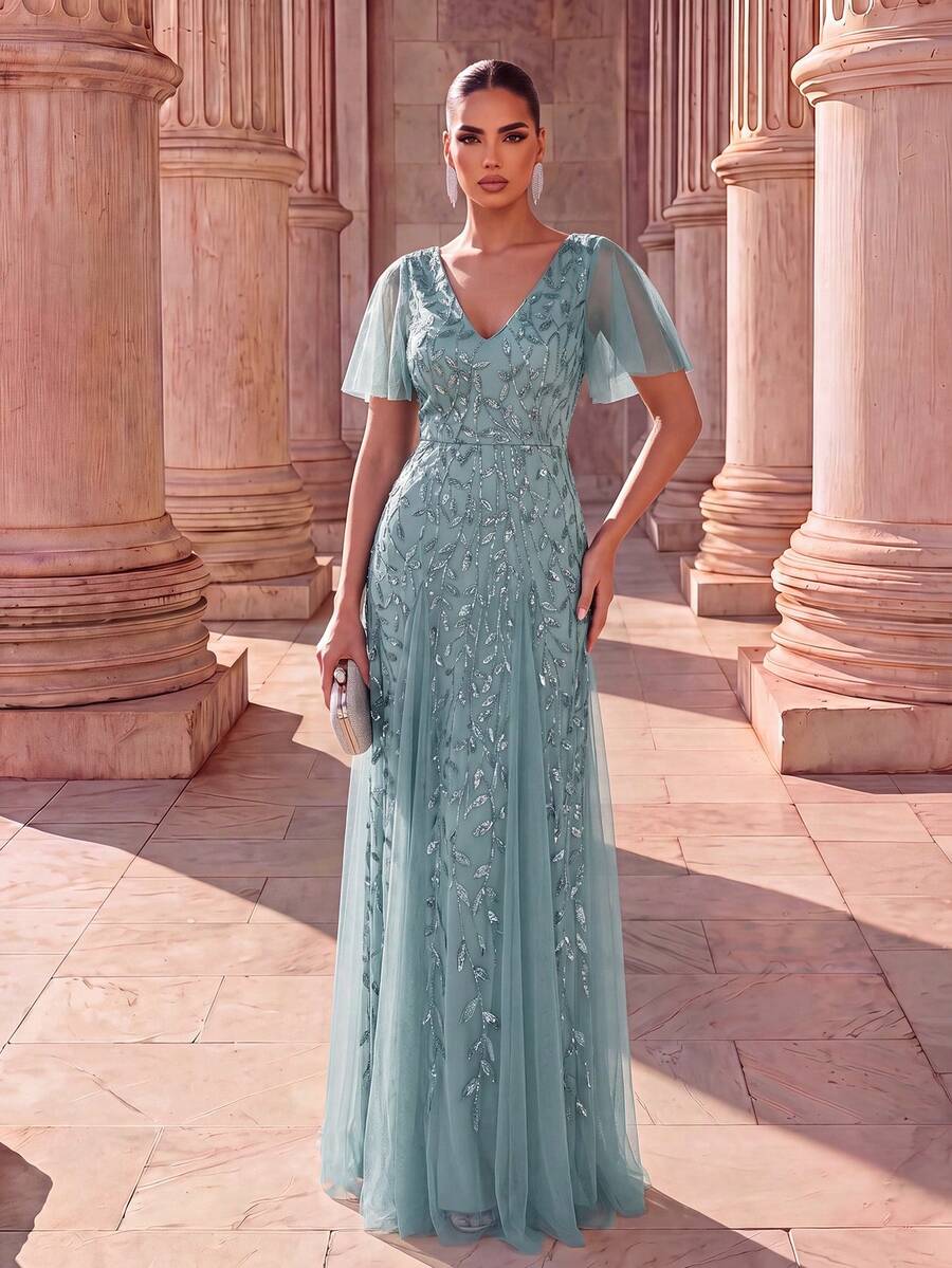 EVERPRETTY Elegant Butterfly Sleeve Sequin Formal Dress, Suitable For Prom, Wedding, Graduation Ceremony, Evening Party And Other Occasions.