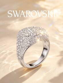 SWAROVSKI Fully Pave Crystal Square Ring, Elegant Sparkling Wide Band Ring, Birthday Gift For Girlfriend - Silver - View 2