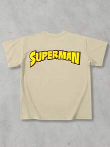 Strevion SUPERMAN 男士極簡風超人鑽石圖案與文字印花圓領短袖夏季T恤 - 卡其色 - 查看 3