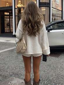 Women's Comfortable White One-Shoulder Fluffy Knit Top And Shorts Set, Suitable For Spring And Autumn, Casual Loungewear Outfit Fall - White - View 8
