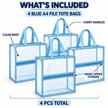 4pcs A4 Document Carry Bags, Large Capacity Zipper File Storage Bags With Handles, Blue Transparent Portable Storage Bags, Suitable For Paper, Tablets, Books, School, Office, Home, Travel - Blue 4-piece - View 4