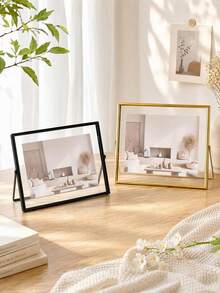 1pc Horizontal Gold Metal Photo Frame, Desktop Decor Frame, Black Acrylic Transparent Stand Frame, Farmhouse Style Room Decor For Autumn - Gold-horizontal - View 1