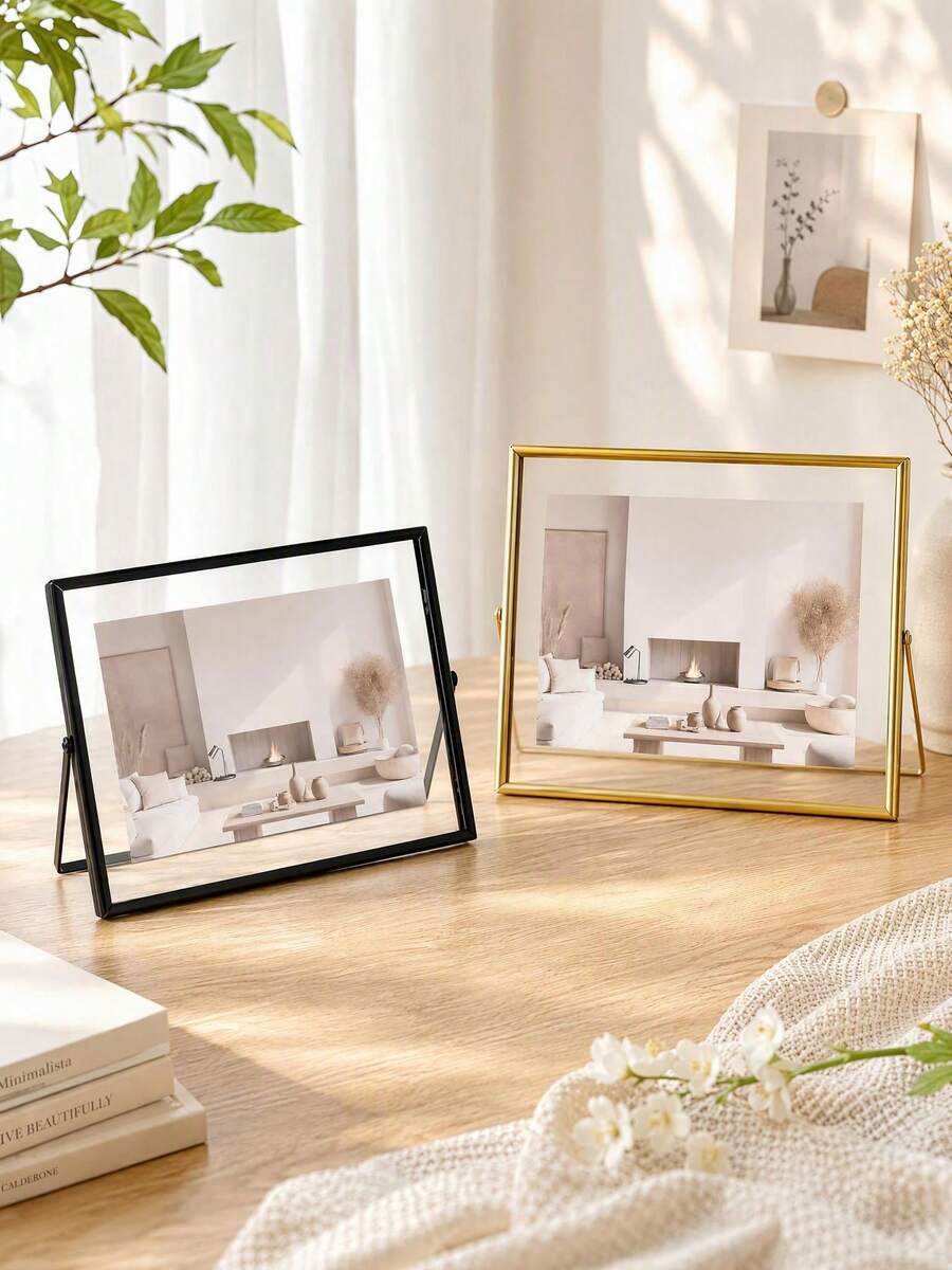 1pc Horizontal Gold Metal Photo Frame, Desktop Decor Frame, Black Acrylic Transparent Stand Frame, Farmhouse Style Room Decor For Autumn - Gold-horizontal - View 1