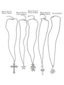 5pcs Y2K Gothic Vintage Metal Distressed Multi-Element Insect Sword Starburst Sunflower Pendant Layered Necklace Set For Men Dark Streetwear Daily Outfit - Silver - View 6