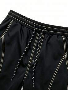 Men's Contrast Stitching Drawstring Elastic Waist Wide Leg Outdoor Sports Pants, Loose Casual Long Pants - Black - View 3