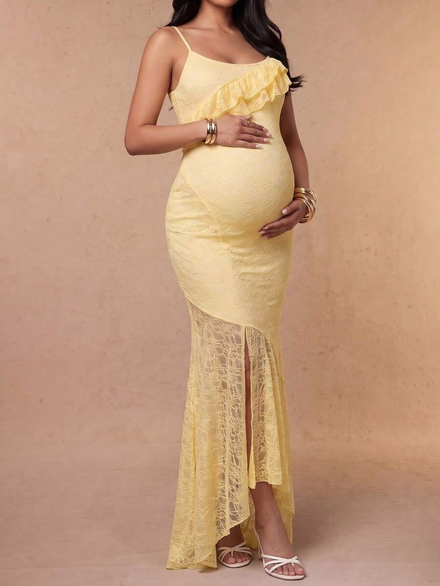 Yellow High Elasticity Lace Spaghetti Strap Asymmetrical Hem Maxi Dress For Pregnant Women, Suitable For Baby Shower, Photo Shoot And Daily Occasions - Yellow - View 1