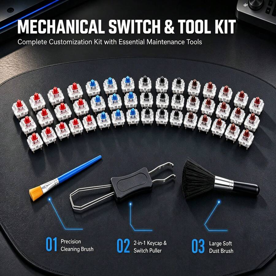 Saklar Keyboard Mekanik Hot Swappable MX 31 Buah dengan Alat Pencabut 2-in-1 dan 2 Sikat Pembersih untuk Perakitan Kustom DIY, Perbaikan, Pemeliharaan, dan Kit Komponen Modifikasi Keyboard. - View 1