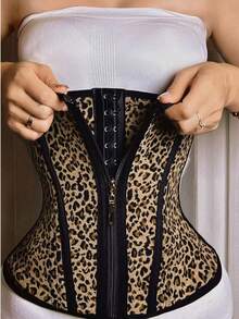 1pc Plus Size Women's Casual Sports Leopard Print Fabric Zipper Waistband, Slightly Elastic Contrast Mesh Design - Multicolor - View 5