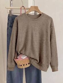 Women's Fashion Knitted Long Sleeve Sweater, Regular Length Crew Neck Top, Suitable For Autumn/Winter Wear - Earthy Gray - View 5