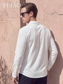 FEIAO Men's Vintage "Old Money Style" Solid Color Half-Placket Long Sleeve Casual Commuter Polo Shirt, Suitable For Autumn, Versatile And Easy To Match - White - View 2