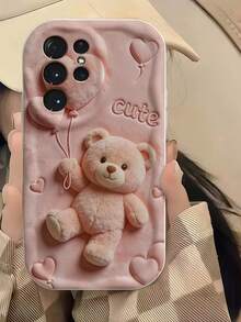 1pc Creamy Big Wave Ins Shockproof Anti-Drop Protective Phone Case, Pink Wavy Edge TPU Phone Shell, Cute 2D Printed Teddy Bear Heart-Shaped Balloon And CUTE Letter Print Pattern Anti-Drop Soft Protective Phone Case, Soft TPU Material, Shockproof Anti-Drop Anti-Scratch Protective Phone Case, Suitable For Women Pursuing Bohemian Style, Compatible With Samsung, Series Phones - White - View 2