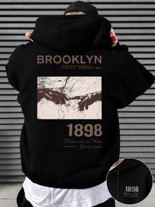 Men's Plus Size Loose Oversize Fit | Vintage Brooklyn 1898 Artistic Handmade Pattern Back Print | Fashion Casual Hoodie | Exquisite Craftsmanship | Autumn/Winter Essential | Versatile And Easy To Match, Showcasing Your Style - Black - View 1