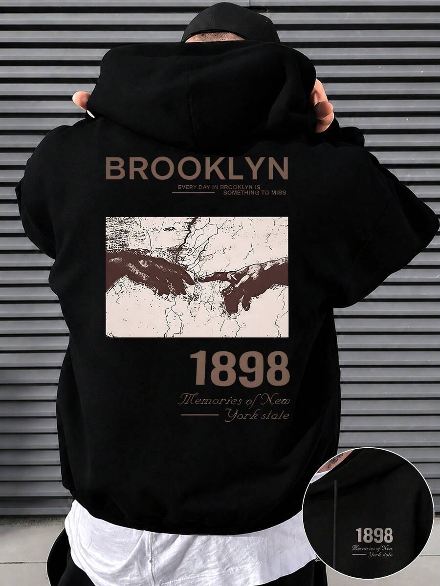 Men's Plus Size Loose Oversize Fit | Vintage Brooklyn 1898 Artistic Handmade Pattern Back Print | Fashion Casual Hoodie | Exquisite Craftsmanship | Autumn/Winter Essential | Versatile And Easy To Match, Showcasing Your Style - Black - View 1