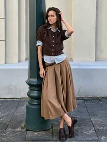 Fall/Winter Brown Short Sleeve Cardigan, Elegant Vintage Fashion Single-Breasted Knit Top - Brown - View 6