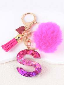 1pc Letter Keychain With Heart Pendant, Cute Rose Red Pom Pom Tassel Key Chain Decoration - Multicolor - View 34