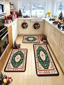 1pc Christmas Green Bohemian Floral Pattern Kitchen Mat, Soft Touch Absorbent Home Entrance Hallway Rug, Easy To Clean Washable Area Rug, Kitchen Runner Carpet, Suitable For Kitchen, Bathroom, Entrance, Laundry Room, Hallway, Bedroom, Living Room Decor, All Season, Great Gift - View 4