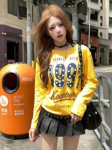 Academy Style 1997 Keeptrying Handwritten Letter & Number Print Mustard Yellow Cropped Long Sleeve T-Shirt Slim Fit Short Top - Yellow - View 1
