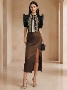 Women's Fashion Transparent Lace Splicing Design Sense Elegant Style Top, Button-Up Blouse Spring And Summer,Butterfly Sleeves Filipiniana - Black - View 3