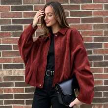 1pc Vintage Red Jacket, Batwing Sleeve, Rubber Zipper, Four-Button Hem With Gathered Cuffs, Women's Fashion Soft Fabric, Long Sleeve, Street Style, Comfortable Loose Fit, Lightweight Plus Size Jacket Coat For Spring, Autumn, Winter - Red - View 2