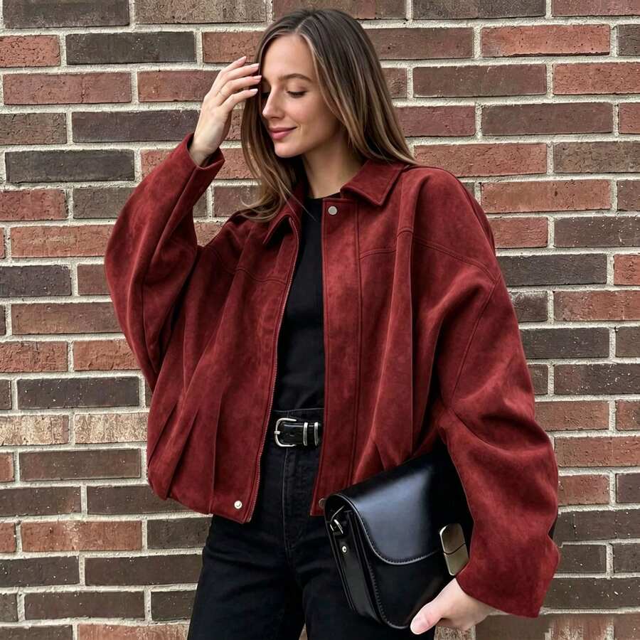 1pc Vintage Red Jacket, Batwing Sleeve, Rubber Zipper, Four-Button Hem With Gathered Cuffs, Women's Fashion Soft Fabric, Long Sleeve, Street Style, Comfortable Loose Fit, Lightweight Plus Size Jacket Coat For Spring, Autumn, Winter