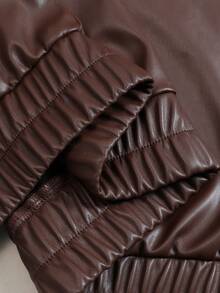 Women's Solid Color PU Chocolate Brown Long Sleeve Leather Jacket With Fur Collar Patchwork, Fashionable Urban Style For Street, Dating, Back To School Season, Afternoon Tea Wear, Autumn/Winter - Brown - View 11