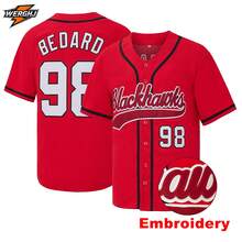 Men's #98 Bedard Blackhawks Red Baseball Jersey, Embroidered Casual Sports Baseball Shirt, Fan Gift - Red - View 2